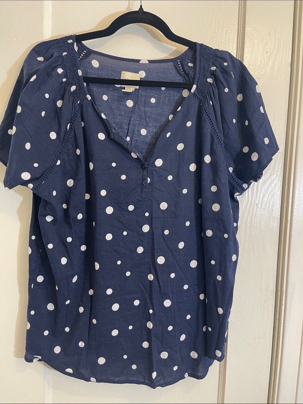 79. G.H. Bass & Co. Navy Blue Polka Dot Short Sleeve Blouse